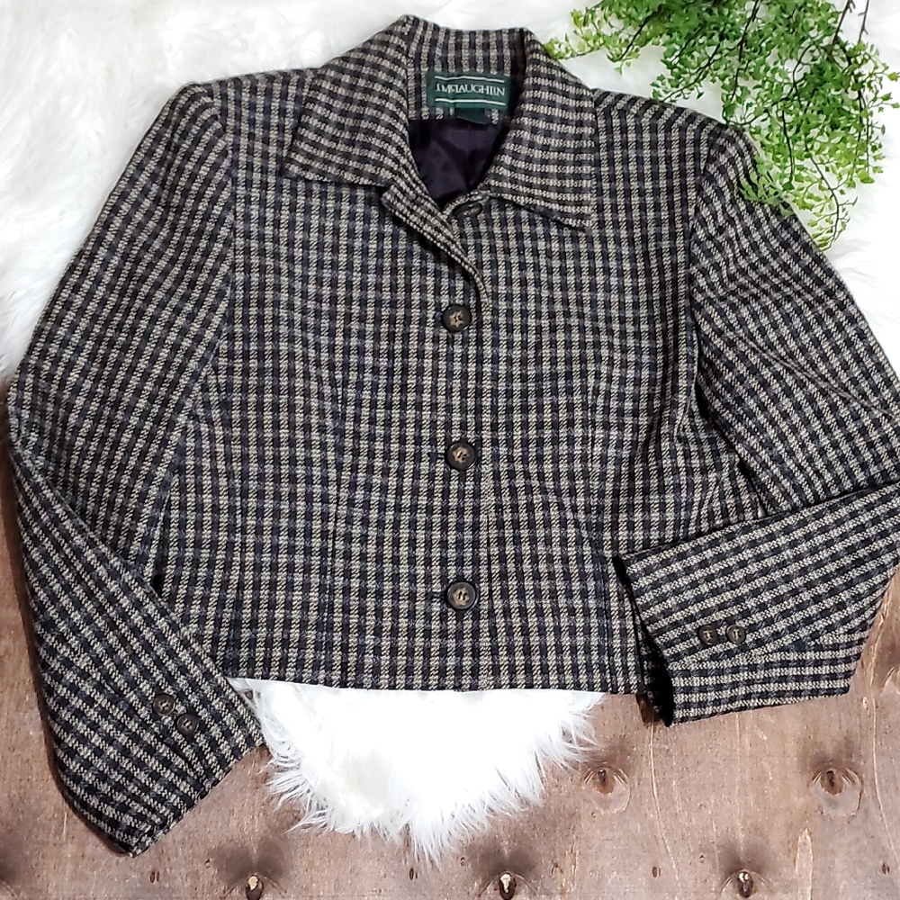 J McLaughlin Wool Cropped Plaid Button Down Blazer